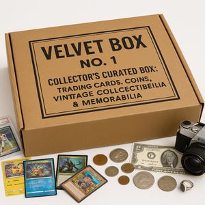 May include: A brown cardboard box with the text "VELVET BOX NO. 1" and "COLLECTOR'S CURATED BOX: TRADING CARDS. COINS, VINTAGE COLLECTIBILIA & MEMORABILIA". The box is surrounded by trading cards, coins, a dollar bill, a camera, and a ring.