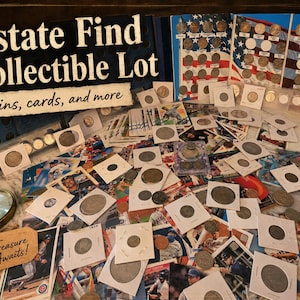 May include: A collection of collectible coins and sports trading cards featuring an Estate Find Collectible Lot sign, a magnifying glass with a Treasure Awaits tag, and a display board with an American flag design and various coins.