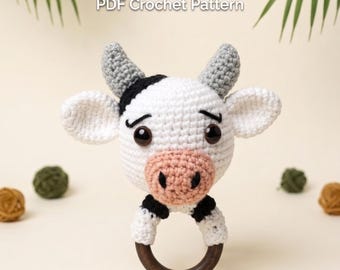 No-Sew Crochet Cow Baby Rattle Pattern, Farm Animal Amigurumi (PDF Download)