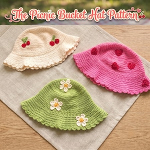 Het haakpatroon voor de picknickhoed, een bundel haakpatronen voor een bucket hat van Cherry Daisy Heart Cottagecore Designs (PDF)