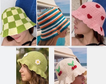 5-in-1 Crochet Hat Pattern Bundle | Cherry, Daisy, Heart, Cottagecore & Checkered Bucket Hat PDF | English Download
