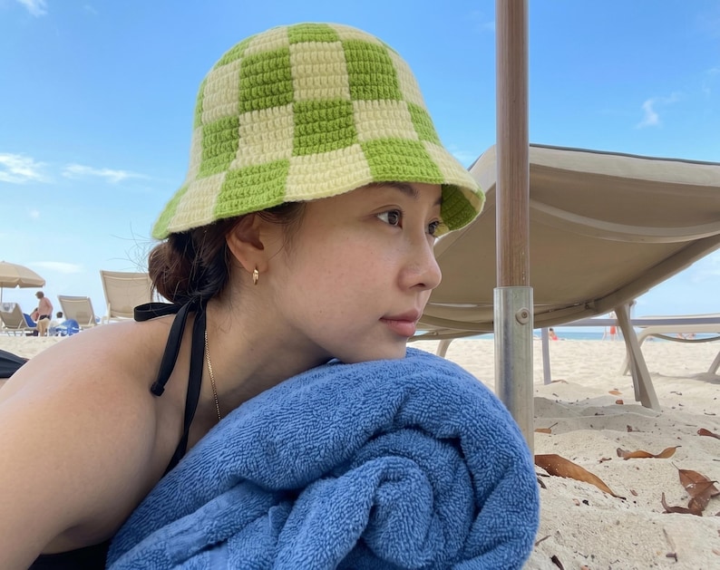 Crochet Checkered Bucket Hat Pattern, Summer Crochet Hat PDF, Beginner Friendly Crochet Pattern, Trendy Green Checker Hat DIY