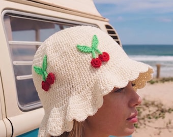 Crochet Cherry Bucket Hat Pattern | Ruffle Sun Hat Tutorial (PDF Download) Beginner Friendly DIY