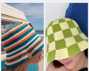 Crochet Hat Patterns Bundle PDF, Checkered Bucket, Summer Sun (Instant Download)