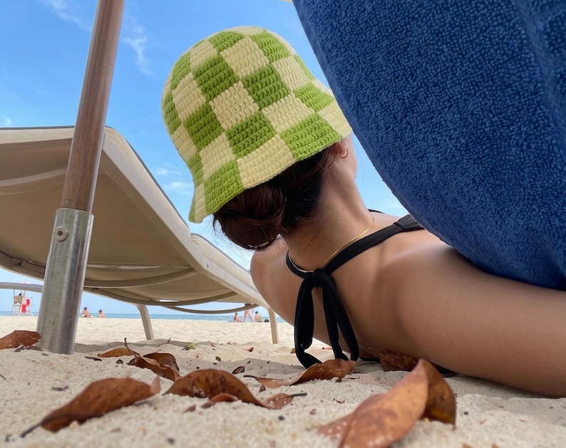 Crochet Checkered Bucket Hat Pattern, Summer Crochet Hat PDF, Beginner Friendly Crochet Pattern, Trendy Green Checker Hat DIY