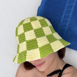 Crochet Checkered Bucket Hat Pattern, Summer Crochet Hat PDF, Beginner Friendly Crochet Pattern, Trendy Green Checker Hat DIY
