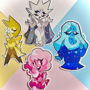 May include: Four cartoon stickers featuring diamond-shaped characters in yellow, white, blue, and pink. The stickers have a holographic effect and are set against a colorful background. Each character has a unique design and expression.