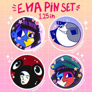 May include: Set of four 1.25 inch enamel pins featuring characters from the video game "ENA". The pins are round and have a glossy finish. The characters are depicted in a colourful cartoon style.