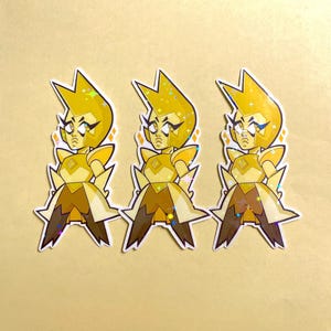 May include: Three stickers featuring a cartoon character with a yellow head and dress, and a brown skirt. The character has a stern expression and is outlined in black. The stickers have a holographic, glittery effect.
