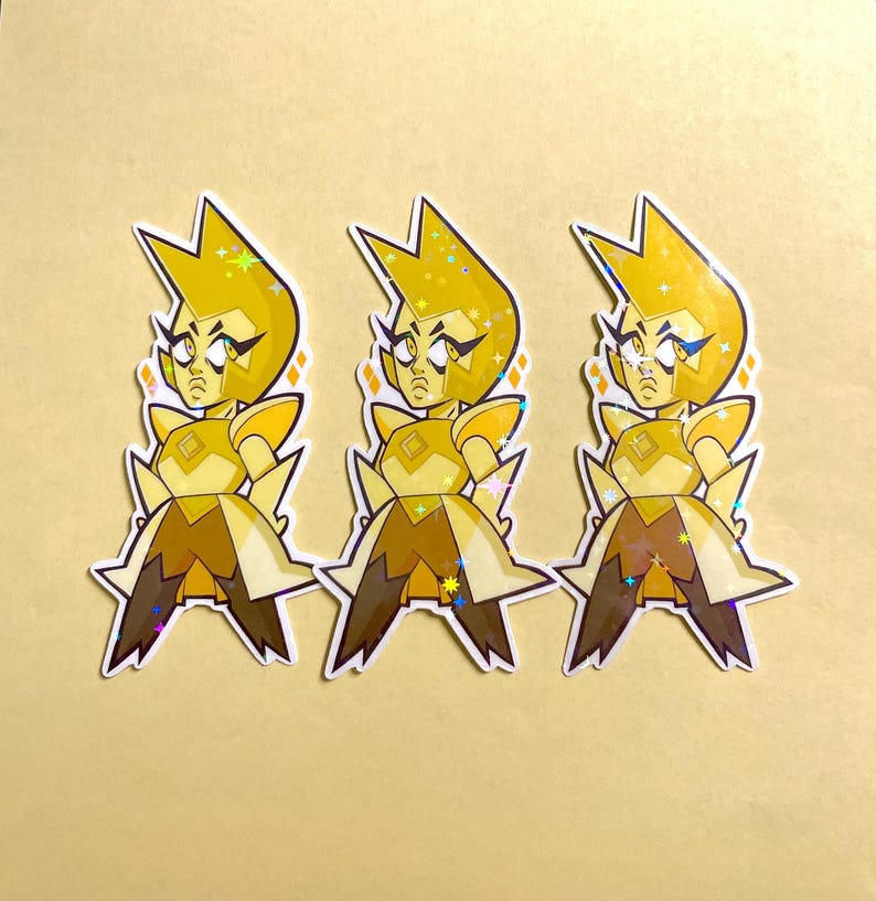 May include: Three stickers featuring a cartoon character with a yellow head and dress, and a brown skirt. The character has a stern expression and is outlined in black. The stickers have a holographic, glittery effect.