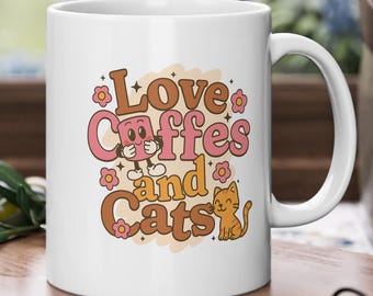 White mug with a funny cat and coffee motif