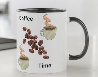 Two-tone mug with coffee beans and text Coffee Time, gift idea kitchen decoration birthday holidays office