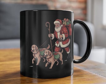 Black glossy mug, Golden Retriever, Santa Claus gift, 330ml