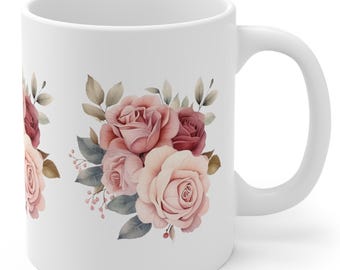 Coffee mug rose design, gift for office colleagues, for her, white tea mug with flowers