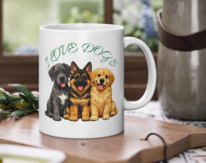 Ich liebe Hunde Tasse Niedliche Kaffeetasse mit drei Hunden (Golden Retriever, Deutscher Schäferhund, Schwarzer Labrador)