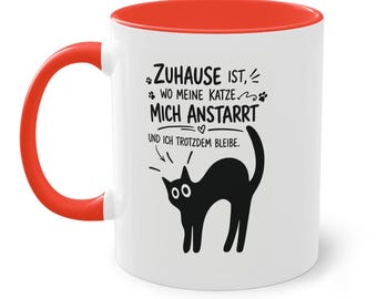 Tasse mit schwarzer Katzensilhouette und Spruch | Zweifarbige Kaffeetasse