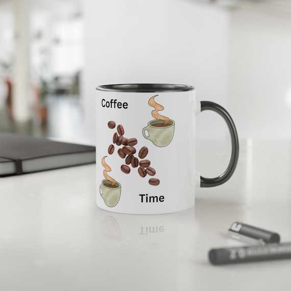 Two-tone mug with coffee beans and text Coffee Time, gift idea kitchen decoration birthday holidays office