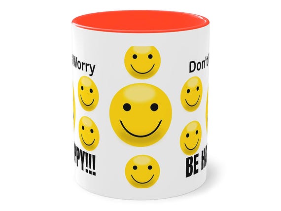 Two-tone coffee mug "Don't Worry, Be Happy!" – saying mug for colleagues, friends, office, motivational gift idea