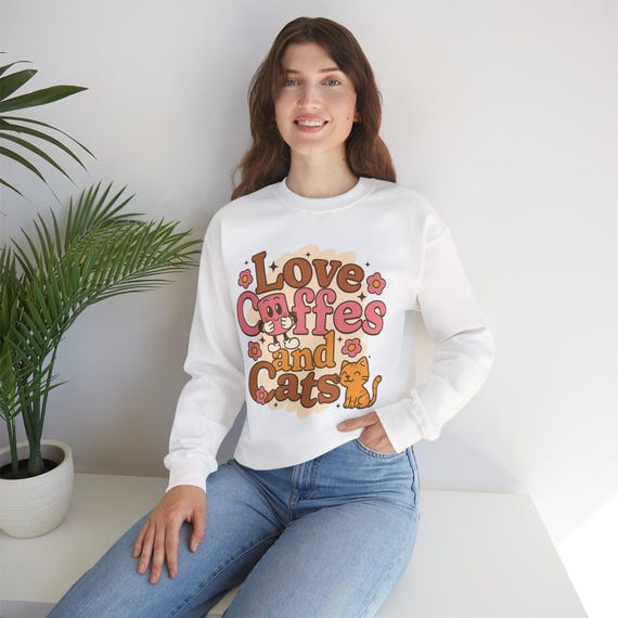 White sweatshirt comic style coffee and cat motif - gift idea