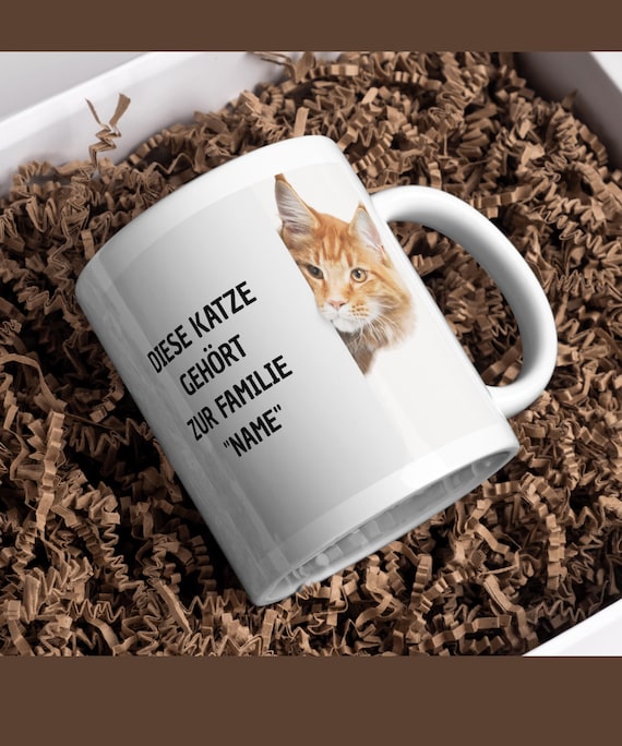 Personalized mug with cat motif, gift for cat lovers, saying "This cat is part of the family", durable mug