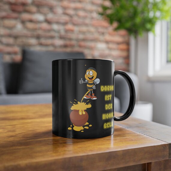Black mug with funny bee honey motif - funny gift, office mug with saying