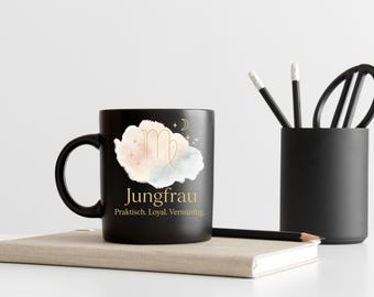 Black coffee mug with Virgo zodiac sign, gold-colored lettering, robust, gift idea, astrology, birthday, office