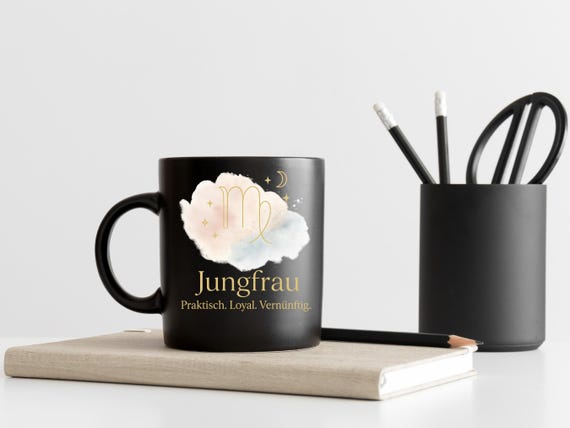 Black coffee mug with Virgo zodiac sign, gold-colored lettering, robust, gift idea, astrology, birthday, office