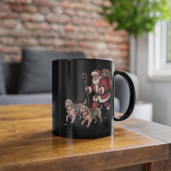 Black glossy mug, Golden Retriever, Santa Claus gift, 330ml