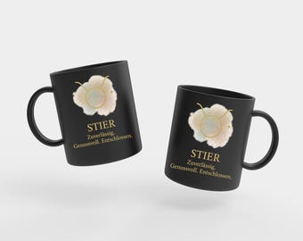 Black coffee mug with Taurus zodiac sign Gold-colored lettering Features robust mug Gift for astrologers