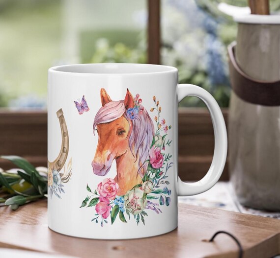 Horse mug, motif colorful horse, lucky charm horseshoe, gift idea for school enrollment girls, horse mug, shipped from Germany