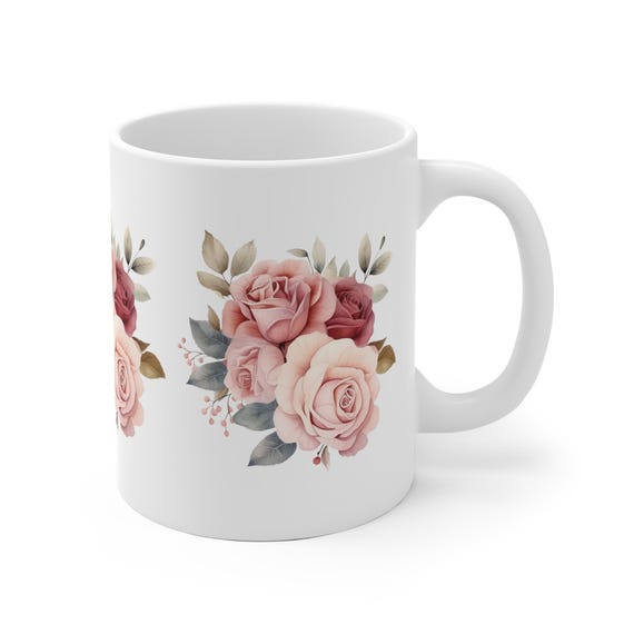 Coffee mug rose design, gift for office colleagues, for her, white tea mug with flowers
