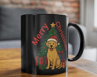 Merry Christmas black coffee mug with Christmas dog