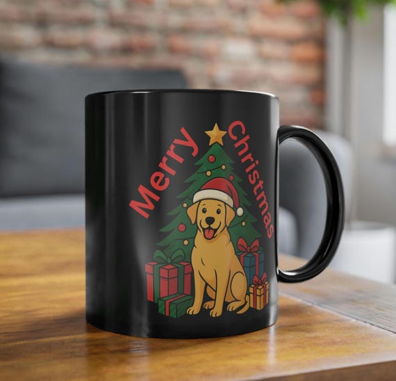 Merry Christmas black coffee mug with Christmas dog