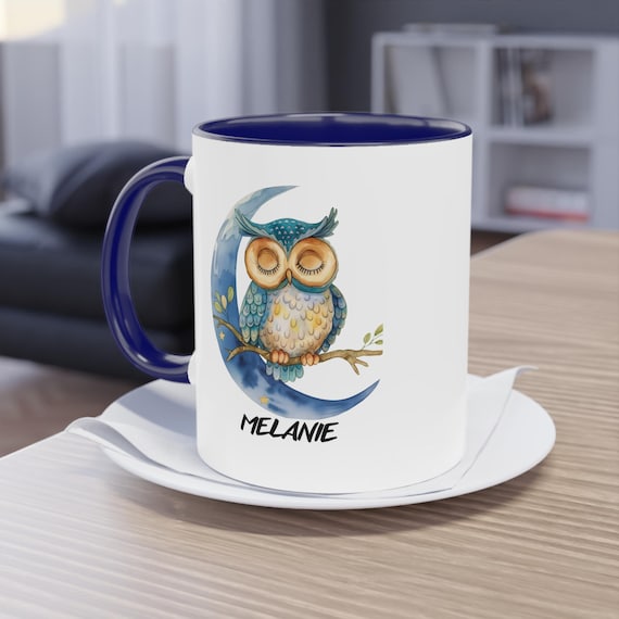 Personalized Owl Mug - for children and adults, gift for birthdays, school enrollment, office, two-tone