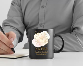 Black coffee mug with zodiac sign Cancer, golden lettering, 330ml ceramic mug with handle, astrology gift, personalized mug