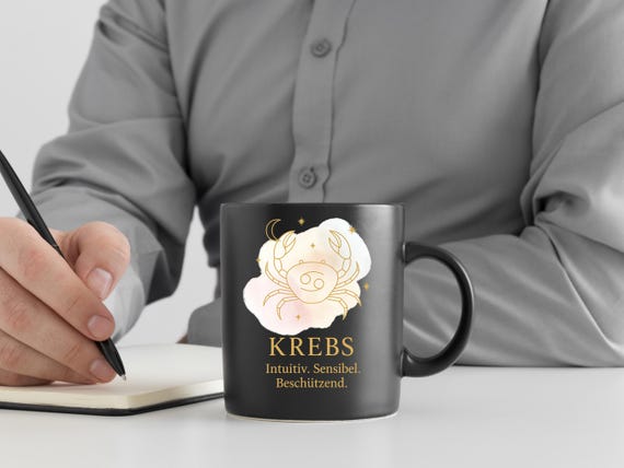Black coffee mug with zodiac sign Cancer, golden lettering, 330ml ceramic mug with handle, astrology gift, personalized mug