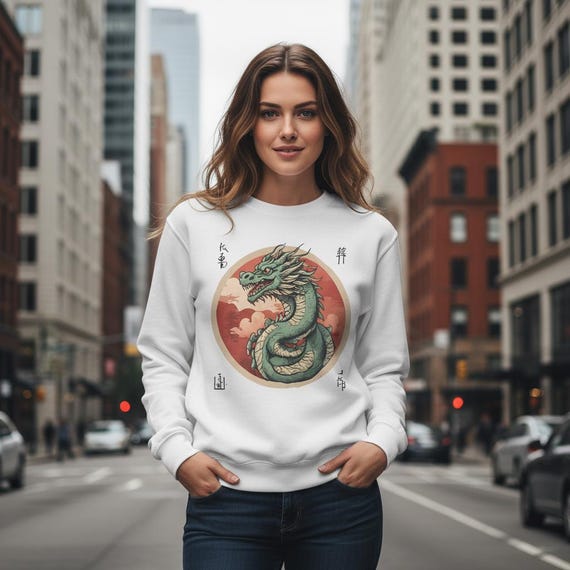 White women's sweatshirt with dragon motif and Asian design