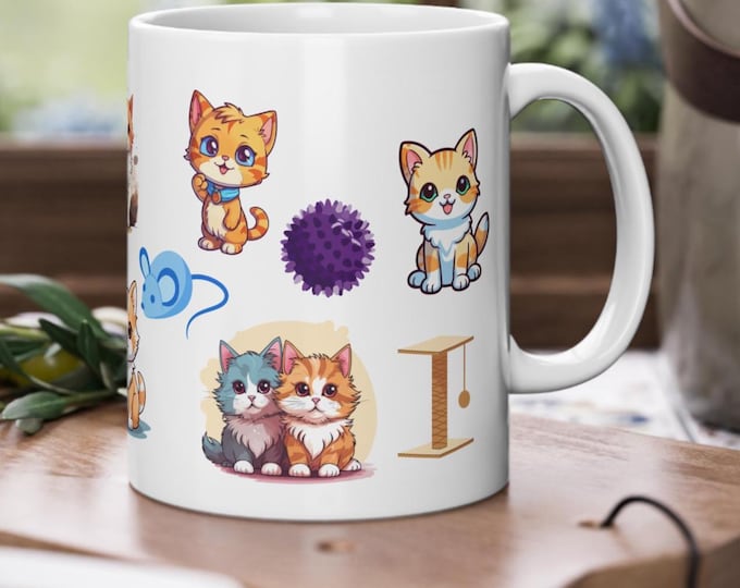 Keramiktasse bunte Katzen, Motivtasse, rundherum bedruckt, Tasse, Becher, Geschenk zum Geburtstag, 330ml, Katze, Vierbeiner, lustige Tasse