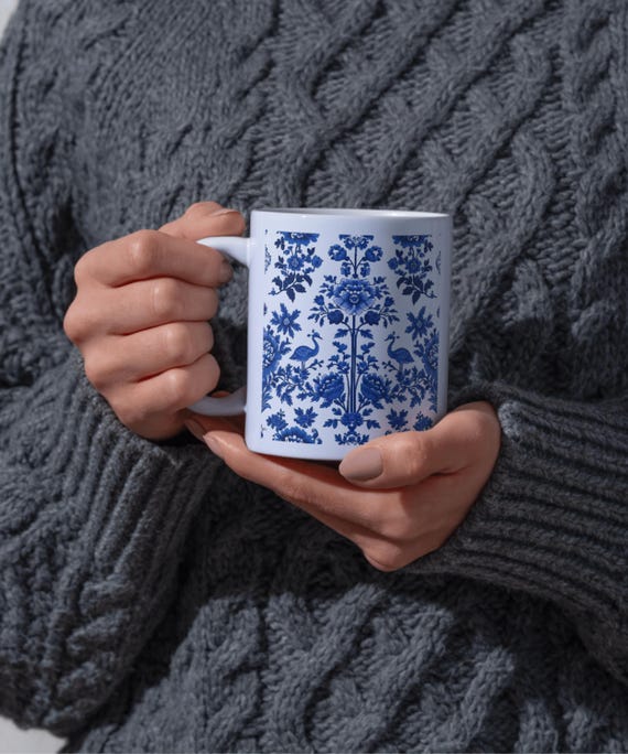 Elegant Delft Blue Style Ceramic Mug | Asian-Inspired Coffee Cup | Unique Gift for Tea Lovers