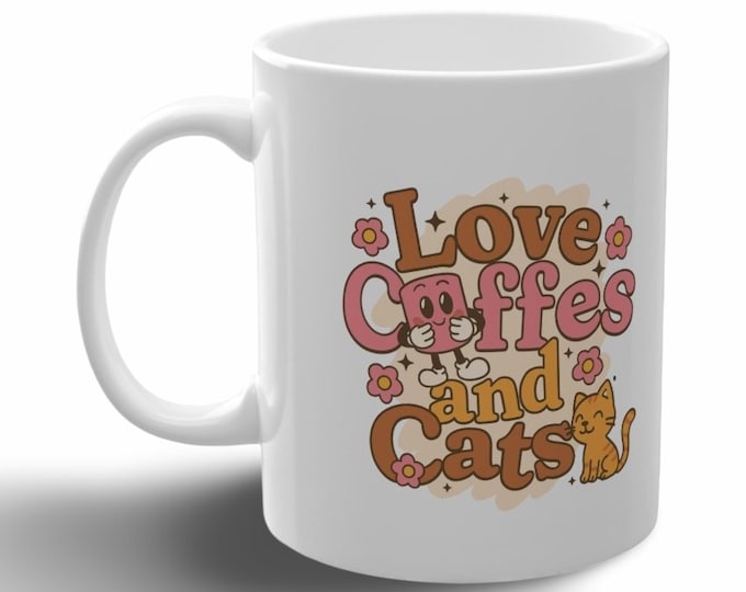 Weiße Tasse mit lustigem Motiv Katze und Kaffee