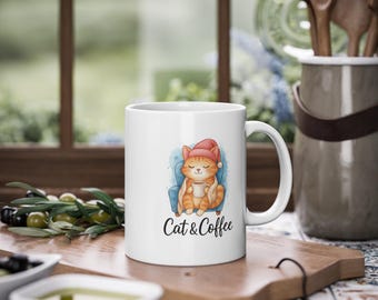 White coffee mug with cat motif Cat & Coffee Animal lovers Coffee drinkers