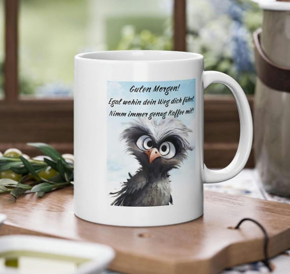 Coffee mug bird motif with funny saying