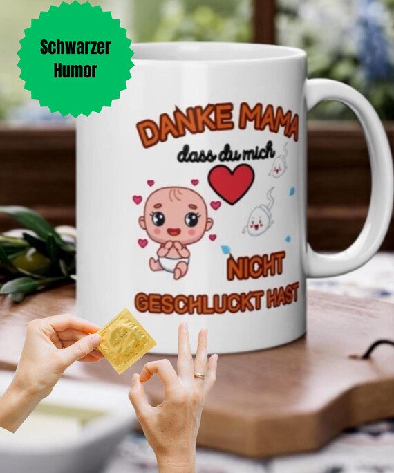 White mug with baby motif and funny saying "Thank you, Mom, for not swallowing me"