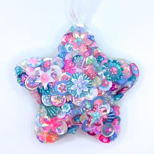 Pink/Blue/White Handmade Beaded and Sequined Felt Star Ornament - Sequin Ornament - Kitsch Holiday Decor - Christmas Ornament - Vtg Inspired