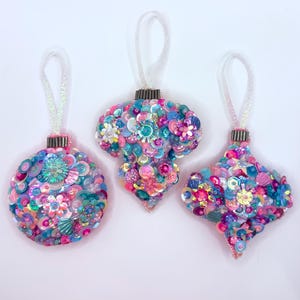 Pink/Blue/White Handmade Beaded and Sequined Felt Vintage Ornament Set - 3 Piece Set - Sequin Ornament - Christmas Ornament - Vtg Inspired