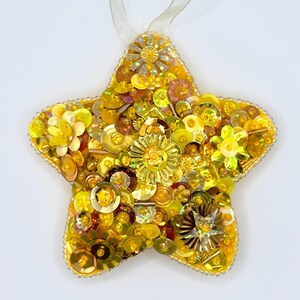 Gold/Yellow Handmade Beaded and Sequined Felt Star Ornament - Sequin Ornament - Kitsch Holiday Decor - Christmas Ornament - Vintage Inspired