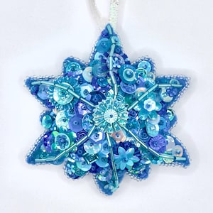 Blue Handmade Beaded and Sequined Felt Snowflake Ornament - Sequin Ornament - Kitsch Holiday Decor - Christmas Ornament - Vintage Inspired