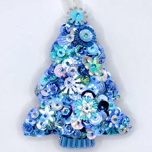Blue Handmade Beaded and Sequined Felt Tree Ornament - Sequin Ornament - Kitsch Holiday Decor - Christmas Ornament - Vintage Inspired