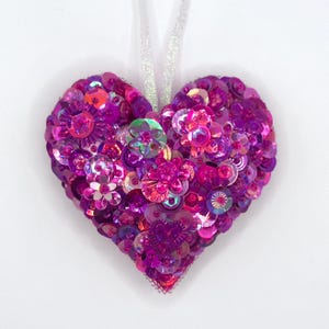 Magenta Handmade Beaded and Sequined Felt Heart Ornament - Sequin Ornament - Kitsch Holiday Decor - Christmas Ornament - Vintage Inspired