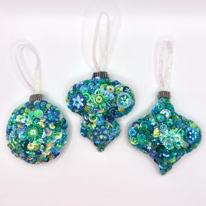 Blue/Green/Teal Handmade Beaded and Sequined Felt Vintage Ornament Set - 3 Piece Set - Sequin Ornament - Christmas Ornament - Vtg Inspired